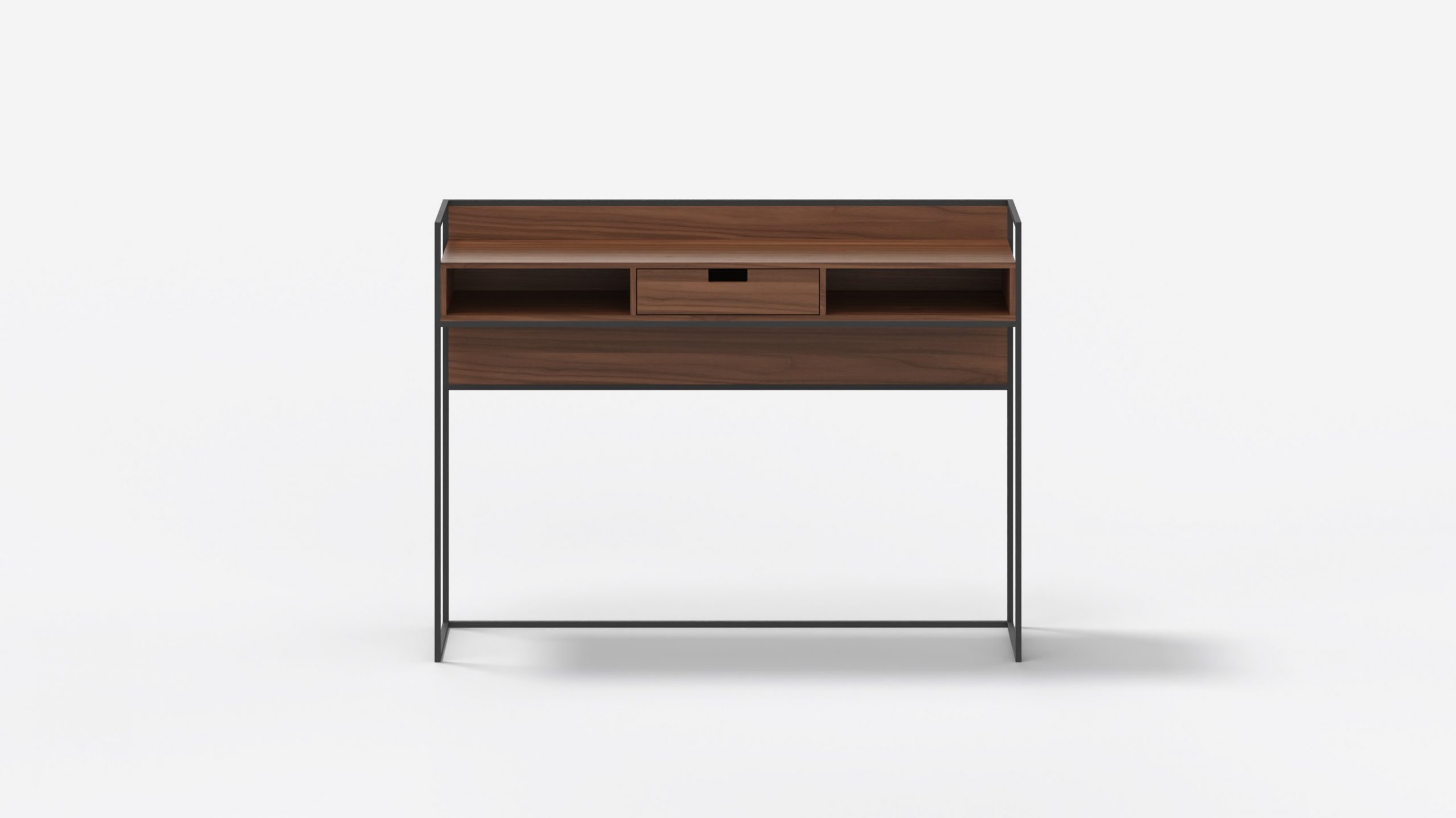 Recibidor Arian: Sobrio y elegante, con líneas rectas y acabado en chapa de madera nogal.